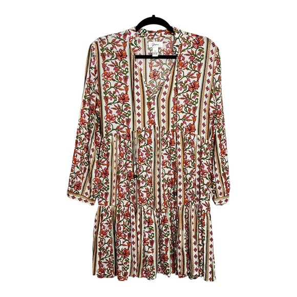 Japna Dresses & Skirts - Japna Womens Floral Geometric Tiered Mini Dress Orange Pink Boho Tassel Small